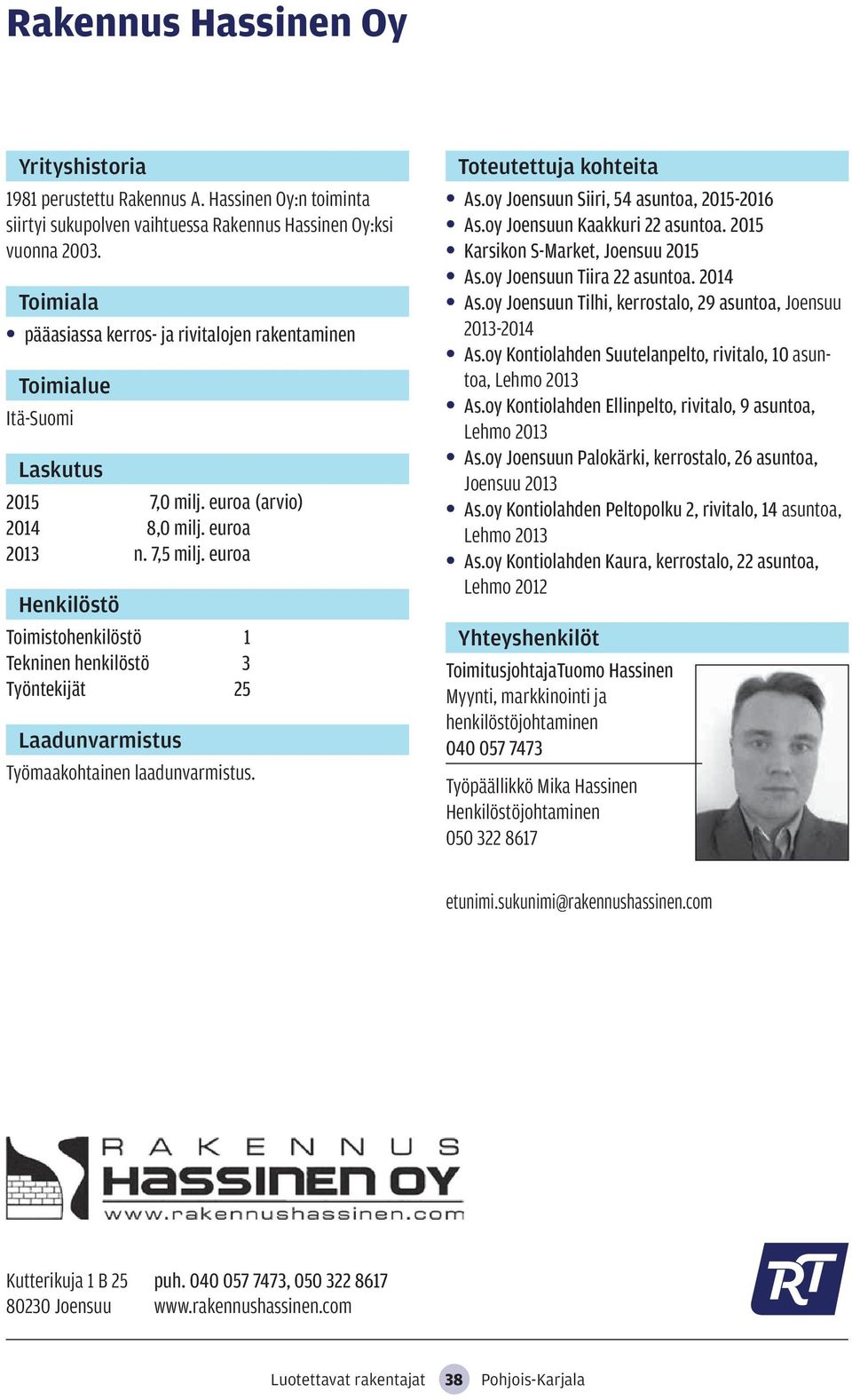 euroa Toimistohenkilöstö 1 Tekninen henkilöstö 3 Työntekijät 25 Työmaakohtainen laadunvarmistus. As.oy Joensuun Siiri, 54 asuntoa, 2015-2016 As.oy Joensuun Kaakkuri 22 asuntoa.