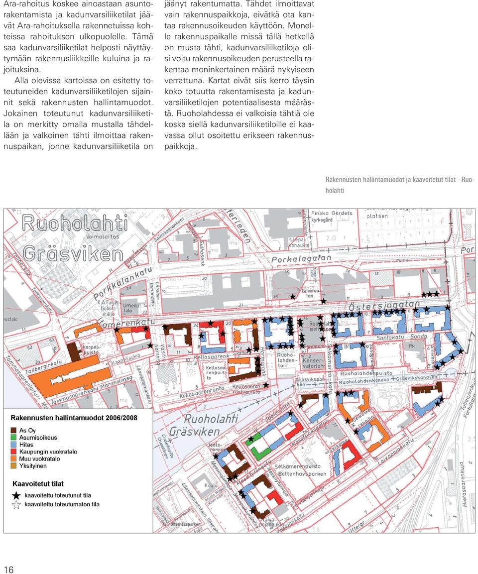 Alla olevissa kartoissa on esitetty toteutuneiden kadunvarsiliiketilojen sijainnit sekä rakennusten hallintamuodot.