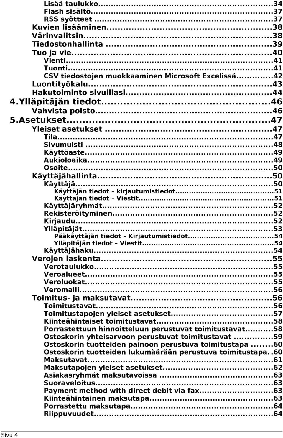 ..47 Sivumuisti...48 Käyttöaste...49 Aukioloaika...49 Osoite...50 Käyttäjähallinta...50 Käyttäjä...50 Käyttäjän tiedot kirjautumistiedot...51 Käyttäjän tiedot Viestit...51 Käyttäjäryhmät.