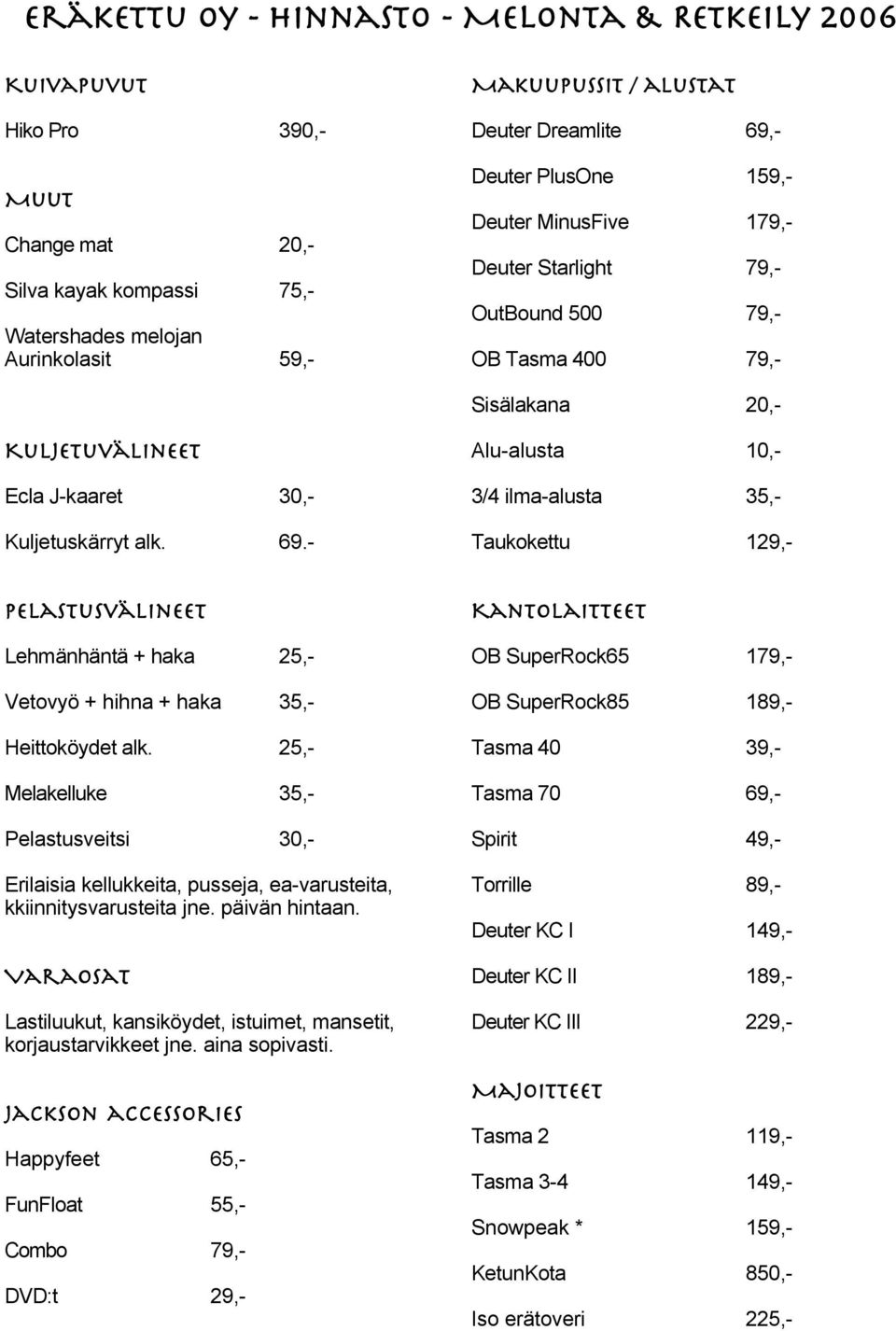 - Alu-alusta 10,- 3/4 ilma-alusta 35,- Taukokettu 129,- Pelastusvälineet Lehmänhäntä + haka 25,- Vetovyö + hihna + haka 35,- Heittoköydet alk.