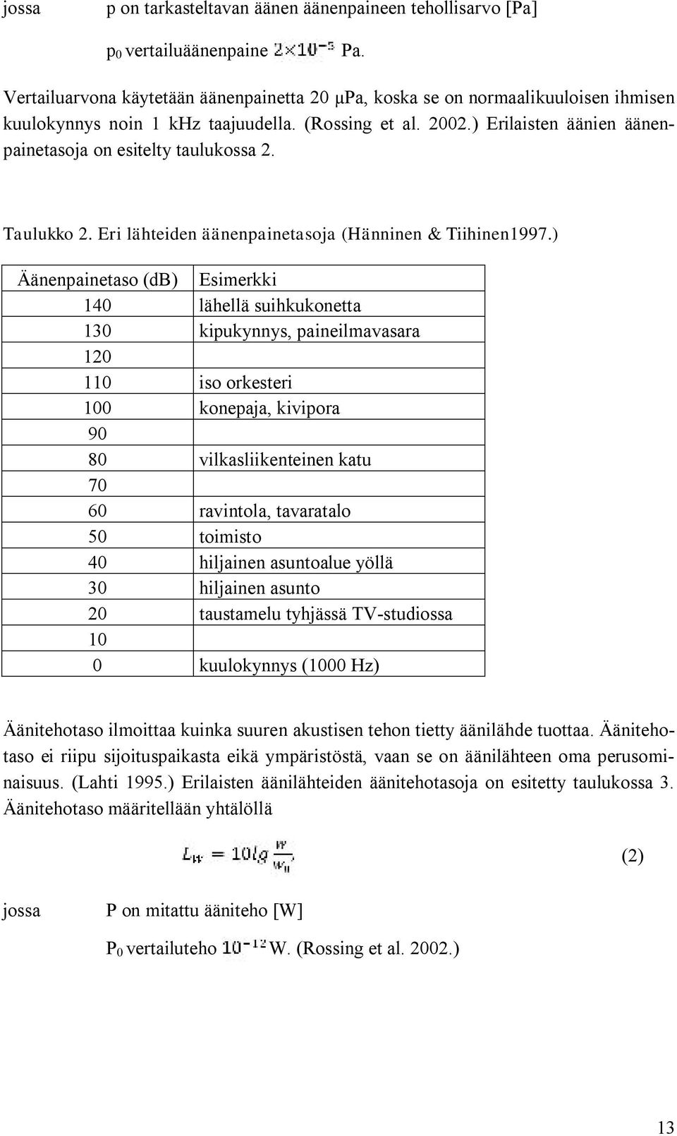 ) Erilaisten äänien äänenpainetasoja on esitelty taulukossa 2. Taulukko 2. Eri lähteiden äänenpainetasoja (Hänninen & Tiihinen1997.