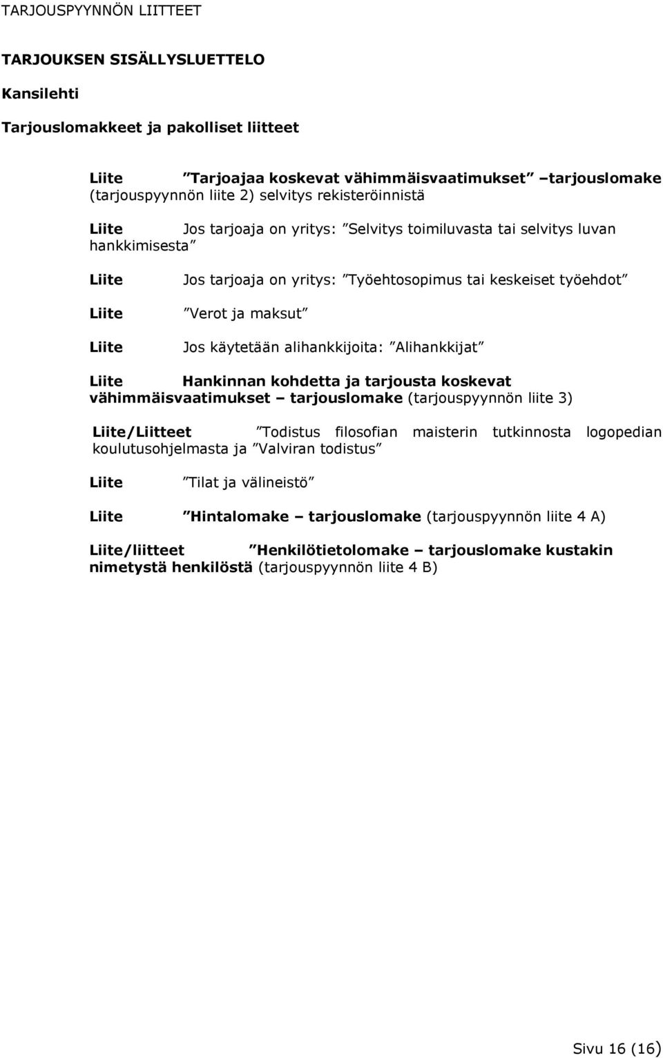 alihankkijoita: Alihankkijat Liite Hankinnan kohdetta ja tarjousta koskevat vähimmäisvaatimukset tarjouslomake (tarjouspyynnön liite 3) Liite/Liitteet Todistus filosofian maisterin tutkinnosta