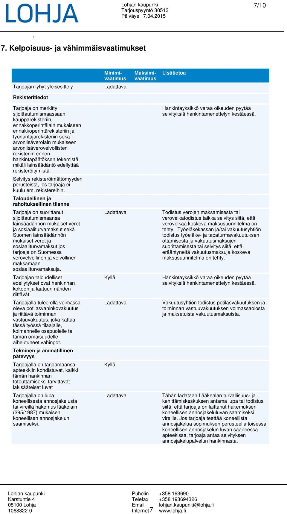 Kelpoisuus- ja vähimmäisvaatimukset Tarjoajan lyhyt yleisesittely Ladattava Lisätietoa Rekisteritiedot Tarjoaja on merkitty sijoittautumismaassaan kaupparekisteriin, ennakkoperintälain mukaiseen