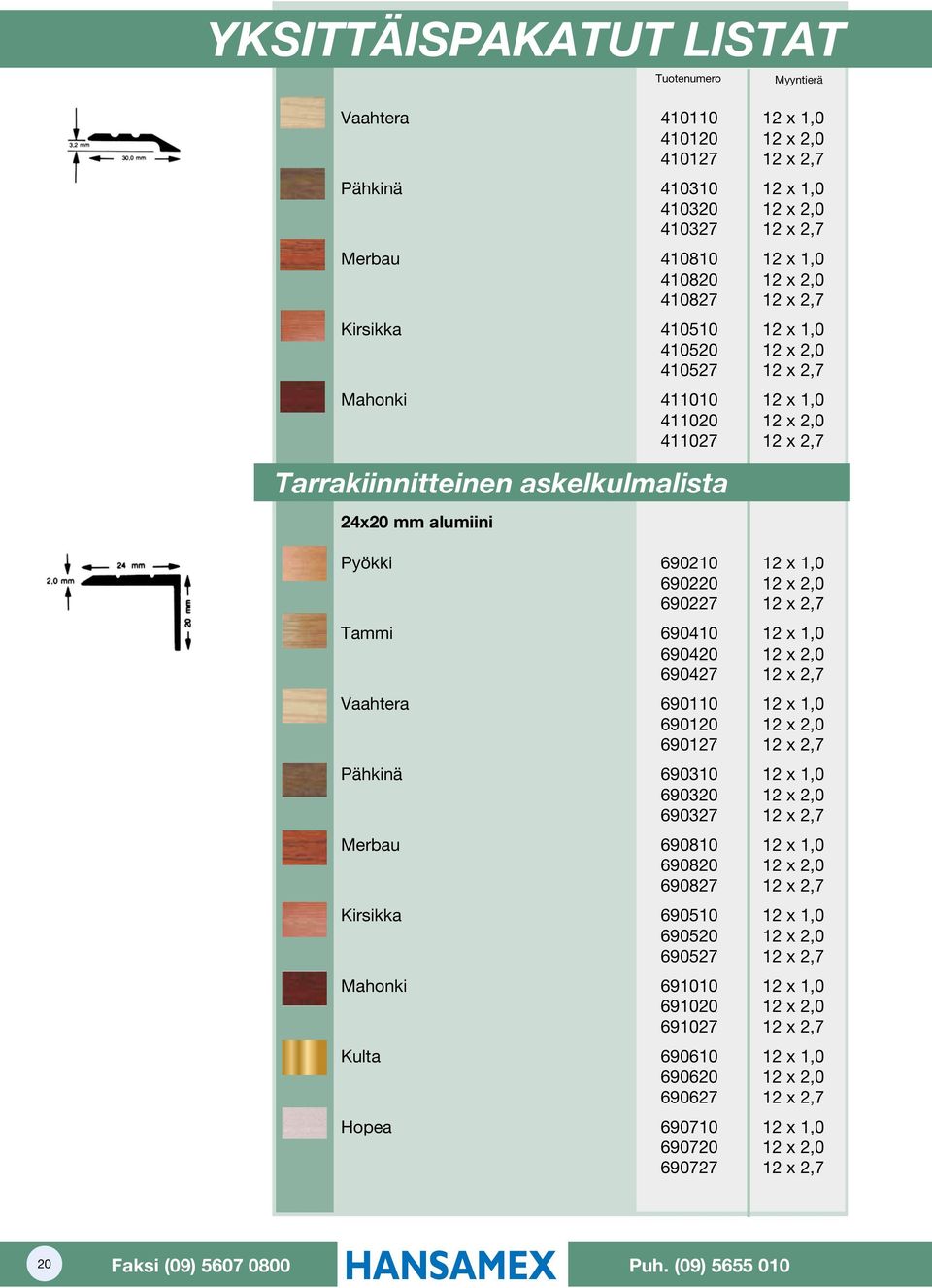 x 1,0 690220 12 x 2,0 690227 12 x 2,7 Tammi 690410 12 x 1,0 690420 12 x 2,0 690427 12 x 2,7 Vaahtera 690110 12 x 1,0 690120 12 x 2,0 690127 12 x 2,7 Pähkinä 690310 12 x 1,0 690320 12 x 2,0 690327 12