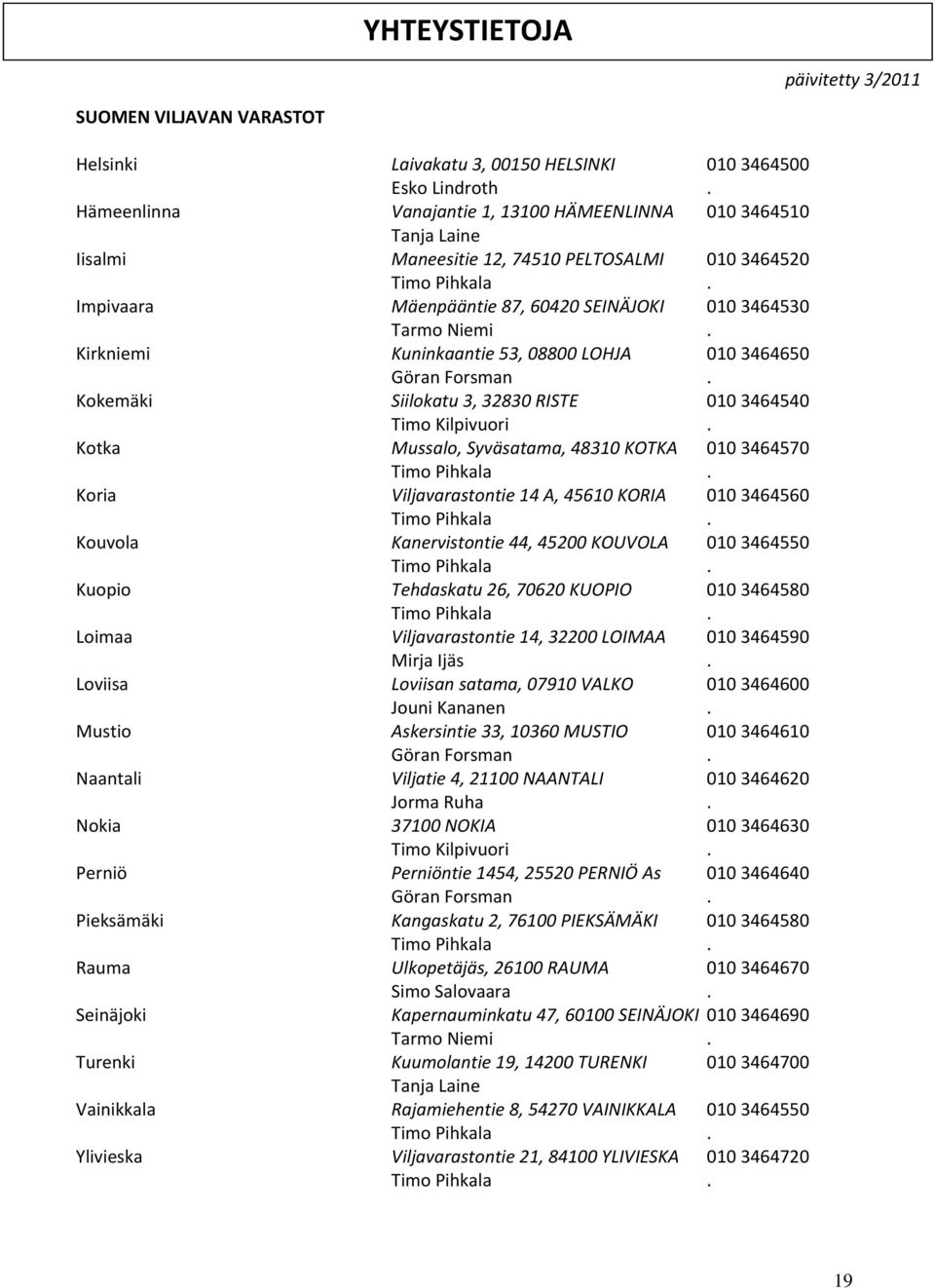 Kirkniemi Kuninkaantie 53, 08800 LOHJA 010 3464650 Göran Forsman. Kokemäki Siilokatu 3, 32830 RISTE 010 3464540 Timo Kilpivuori. Kotka Mussalo, Syväsatama, 48310 KOTKA 010 3464570 Timo Pihkala.