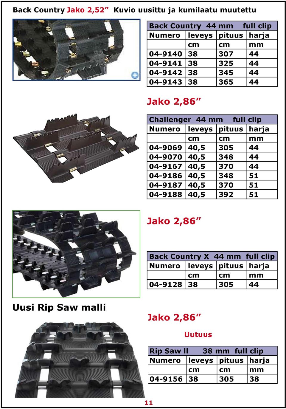 40,5 348 44 04-9167 40,5 370 44 04-9186 40,5 348 51 04-9187 40,5 370 51 04-9188 40,5 392 51 Jako 2,86 Back Country X 44 mm full clip Numero leveys