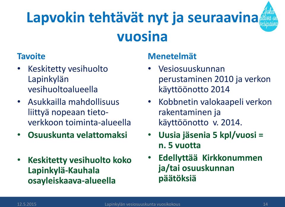 Menetelmät Vesiosuuskunnan perustaminen 2010 ja verkon käyttöönotto 2014 Kobbnetin valokaapeli verkon rakentaminen ja käyttöönotto v.