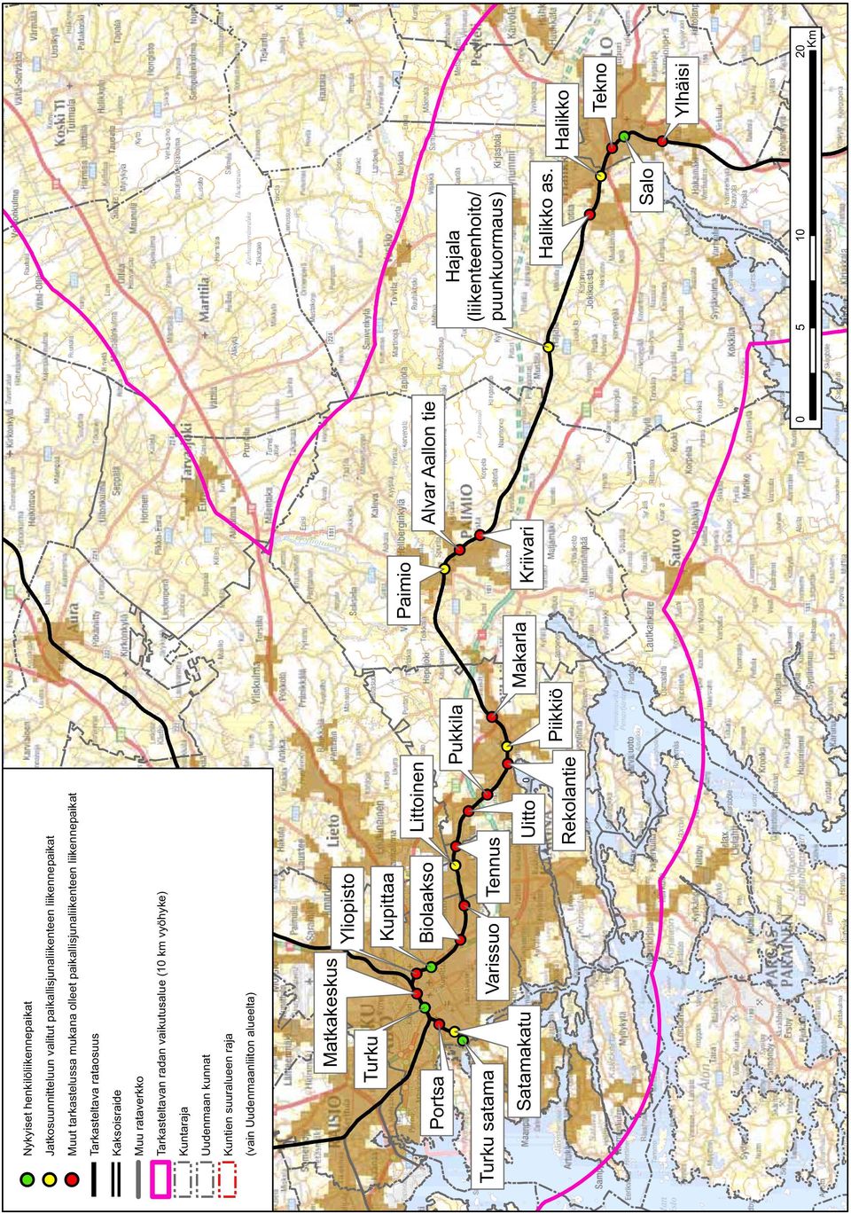 Kaksoisraide Muu rataverkko Tarkasteltavan radan vaikutusalue (10 km vyöhyke)! Kuntaraja Uudenmaan kunnat Kuntien suuralueen raja (vain! Uudenmaanliiton alueelta)!