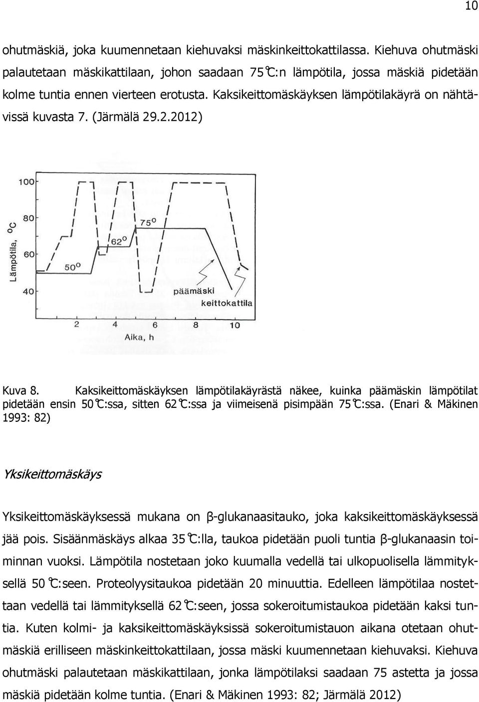 Kaksikeittomäskäyksen lämpötilakäyrästä näkee, kuinka päämäskin lämpötilat e e s C:ssa, s e C:ssa j e se s C:ssa.