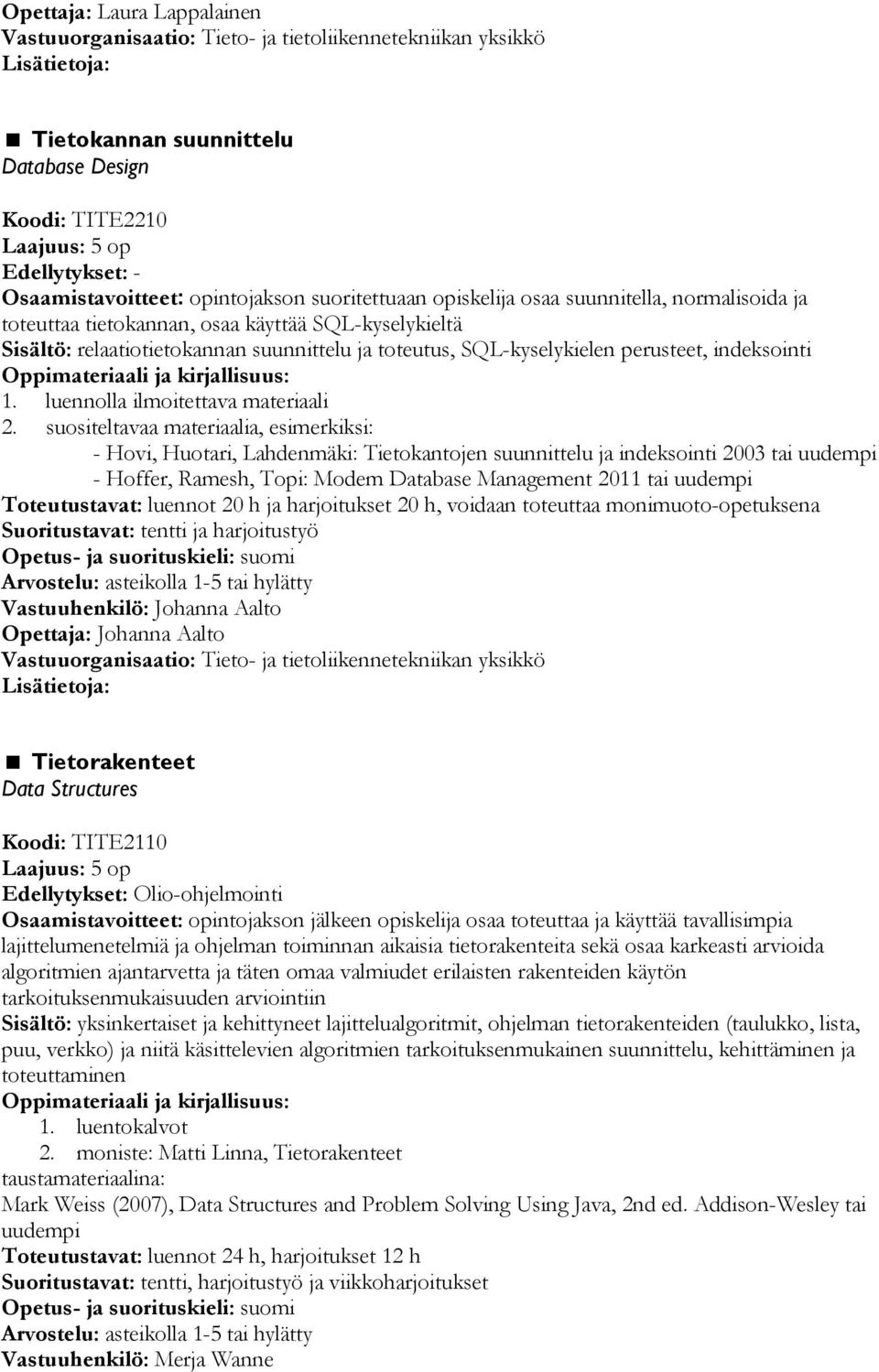 suositeltavaa materiaalia, esimerkiksi: - Hovi, Huotari, Lahdenmäki: Tietokantojen suunnittelu ja indeksointi 2003 tai uudempi - Hoffer, Ramesh, Topi: Modem Database Management 2011 tai uudempi