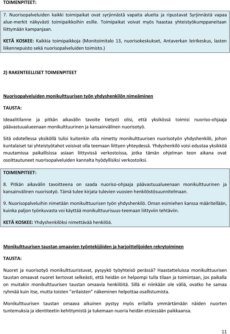 KETÄ KOSKEE: Kaikkia toimipaikkoja (Monitoimitalo 13, nuorisokeskukset, Antaverkan leirikeskus, lasten liikennepuisto sekä nuorisopalveluiden toimisto.