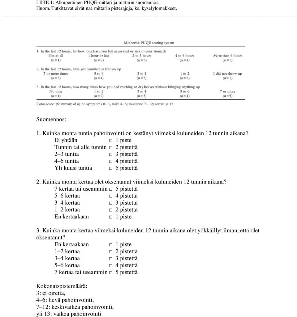 Ei yhtään 1 piste Tunnin tai alle tunnin 2 pistettä 2 3 tuntia 3 pistettä 4 6 tuntia 4 pistettä Yli kuusi tuntia 5 pistettä 2. Kuinka monta kertaa olet oksentanut viimeksi kuluneiden 12 tunnin aikana?
