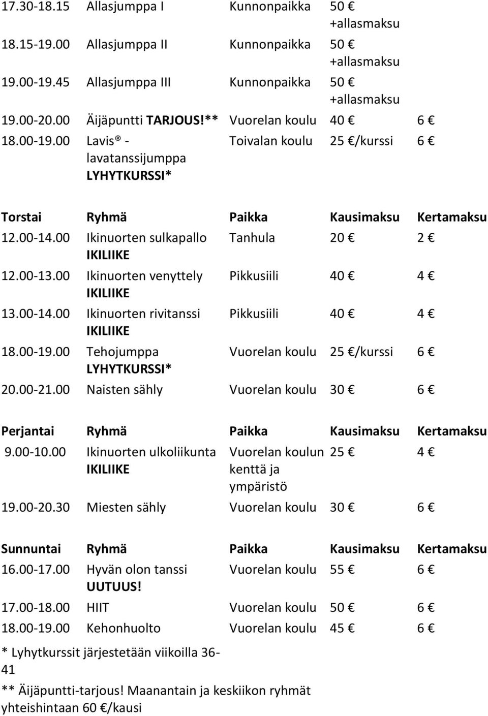 00 Ikinuorten venyttely IKILIIKE 13.00-14.00 Ikinuorten rivitanssi IKILIIKE 18.00-19.00 Tehojumppa LYHYTKURSSI* Tanhula 20 2 Pikkusiili 40 4 Pikkusiili 40 4 Vuorelan koulu 25 /kurssi 6 20.00-21.