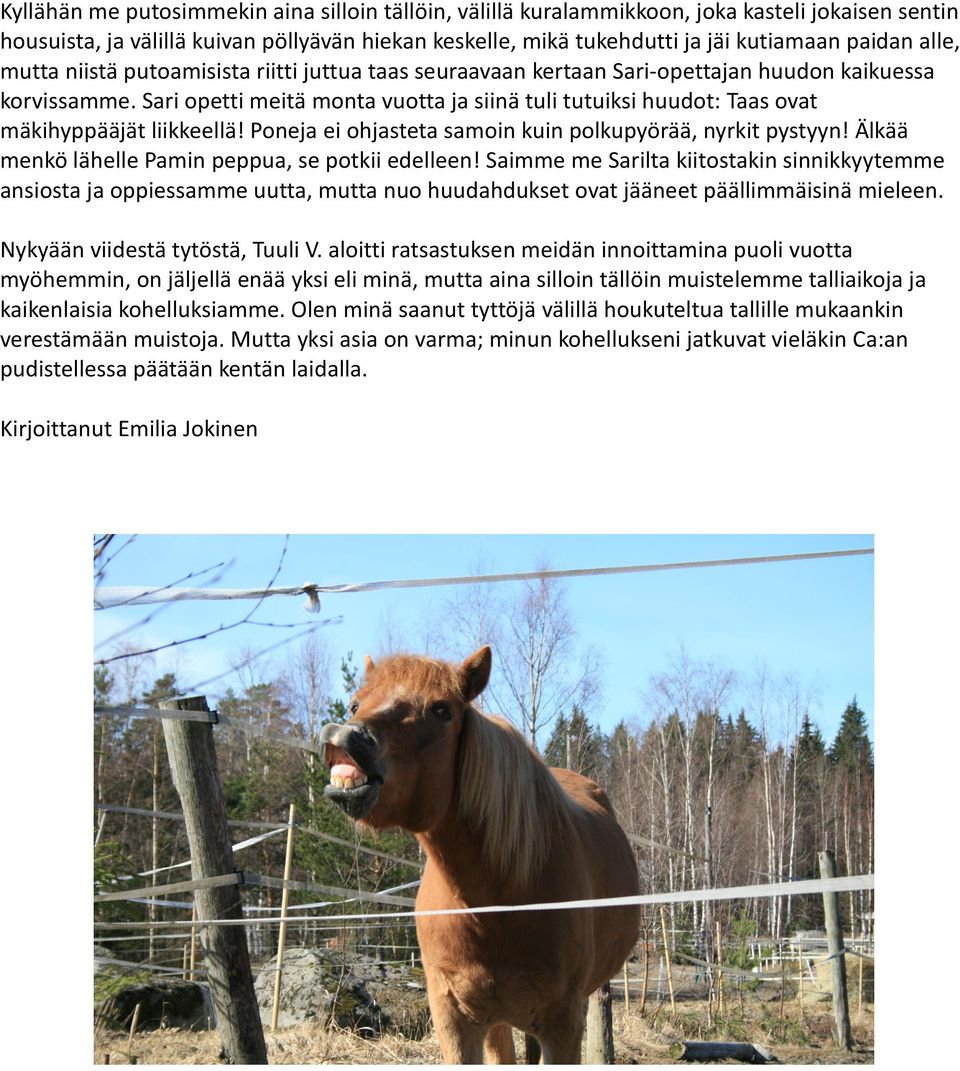 Sari opetti meitä monta vuotta ja siinä tuli tutuiksi huudot: Taas ovat mäkihyppääjät liikkeellä! Poneja ei ohjasteta samoin kuin polkupyörää, nyrkit pystyyn!