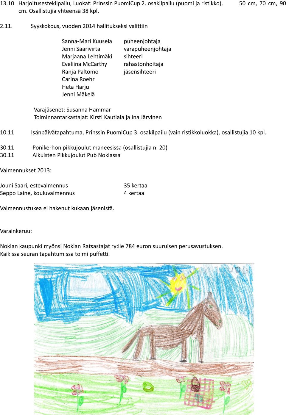 puheenjohtaja varapuheenjohtaja sihteeri rahastonhoitaja jäsensihteeri Varajäsenet: Susanna Hammar Toiminnantarkastajat: Kirsti Kautiala ja Ina Järvinen 10.11 Isänpäivätapahtuma, Prinssin PuomiCup 3.