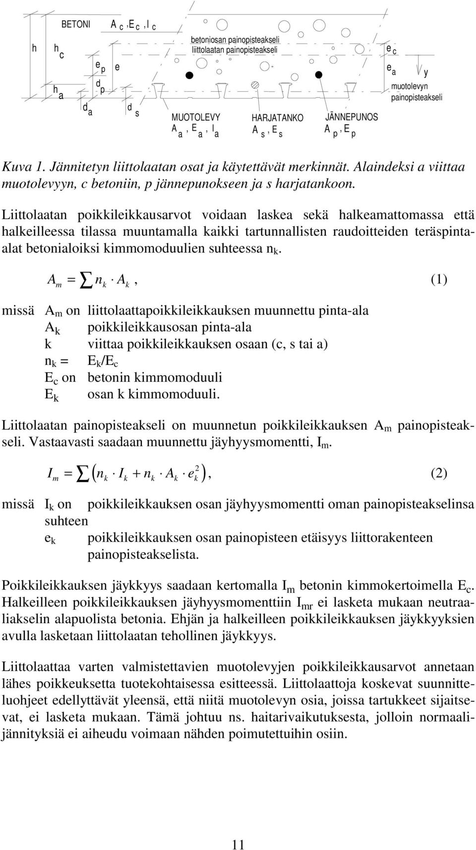 Liittolaatan poikkileikkausarvot voidaan laskea sekä halkeamattomassa että halkeilleessa tilassa muuntamalla kaikki tartunnallisten raudoitteiden teräspintaalat betonialoiksi kimmomoduulien suhteessa