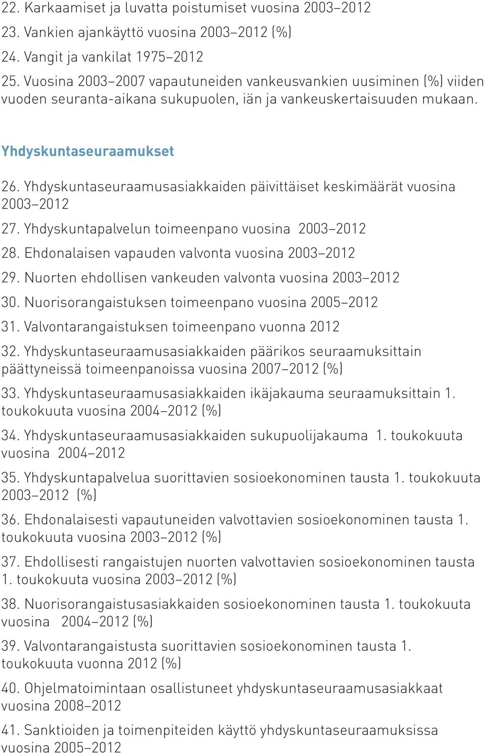 Yhdyskuntaseuraamusasiakkaiden päivittäiset keskimäärät vuosina 2003 2012 27. Yhdyskuntapalvelun toimeenpano vuosina 2003 2012 28. Ehdonalaisen vapauden valvonta vuosina 2003 2012 29.