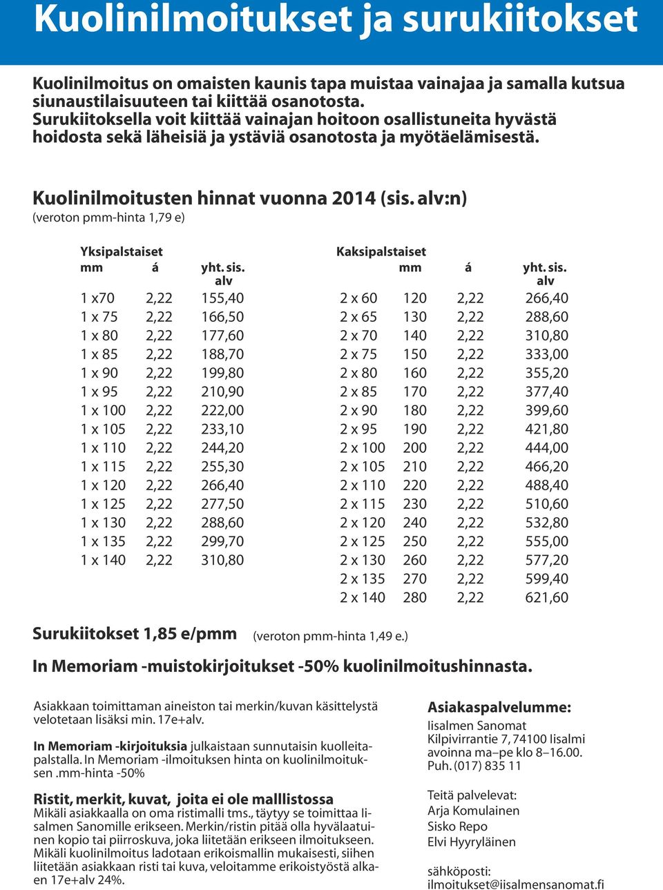 alv:n) (veroton pmm-hinta 1,79 e) Yksipalstaiset mm á yht. sis.