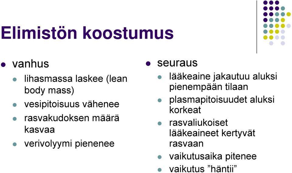 seuraus lääkeaine jakautuu aluksi pienempään tilaan plasmapitoisuudet