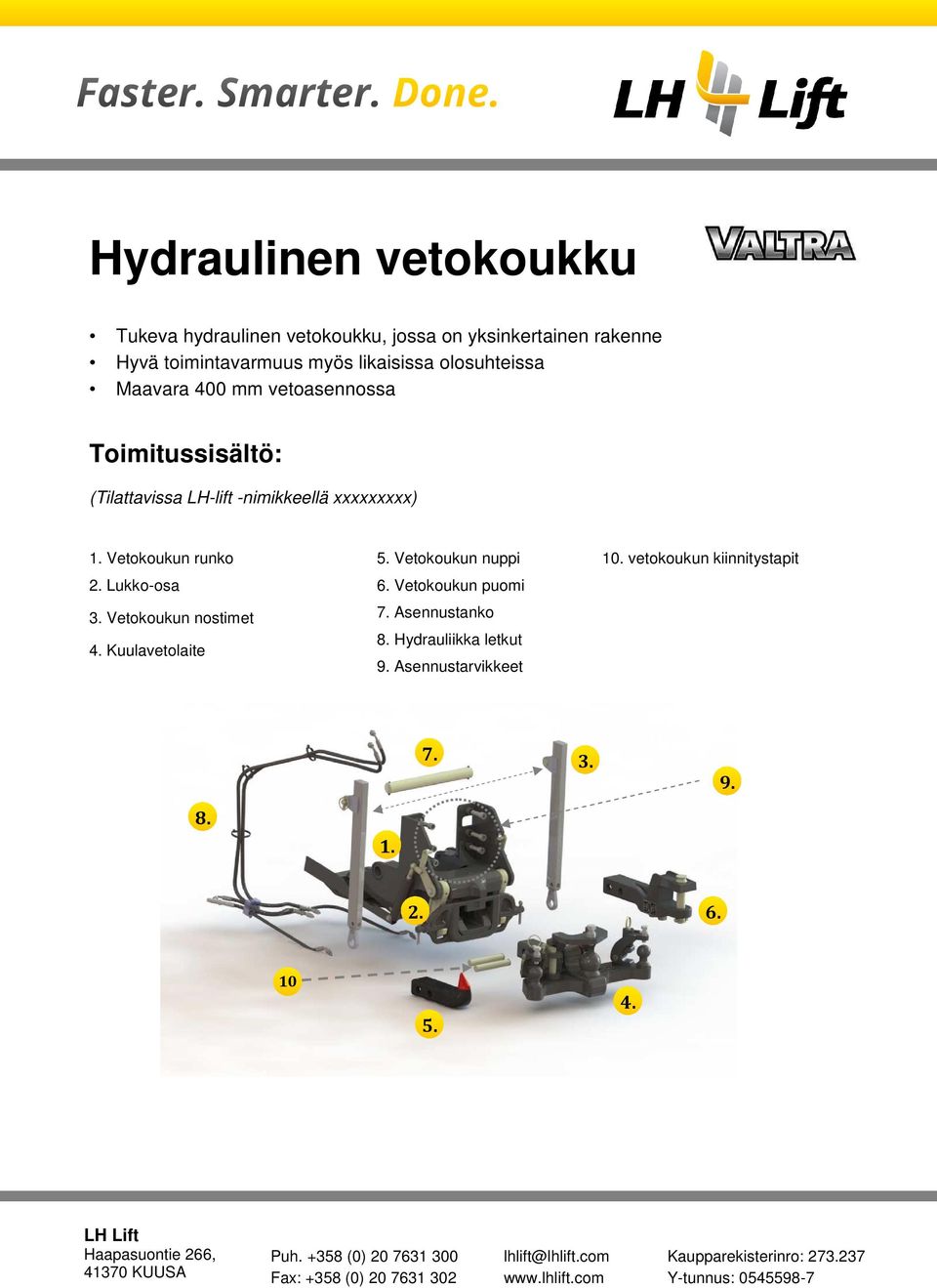 Vetokoukun runko 2. Lukko-osa 3. Vetokoukun nostimet 4. Kuulavetolaite 5. Vetokoukun nuppi 6. Vetokoukun puomi.