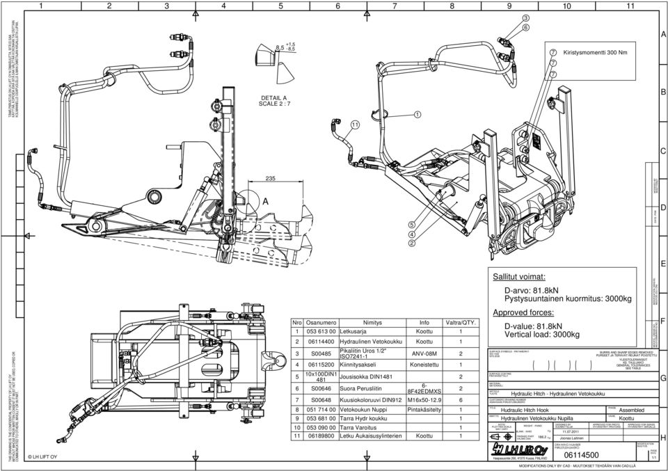 8kN Pystysuuntainen kuormitus: 3000kg MODIFICATION (WAS/IS) MUUTOS (OLI/ ON) THIS DRAWING IS THE CONFIDENTIAL PROPERTY OF LH LIFT OY WITHOUT WHOSE PRIOR WRITTEN CONSENT IT MUST NOT BE USED, COPIED OR