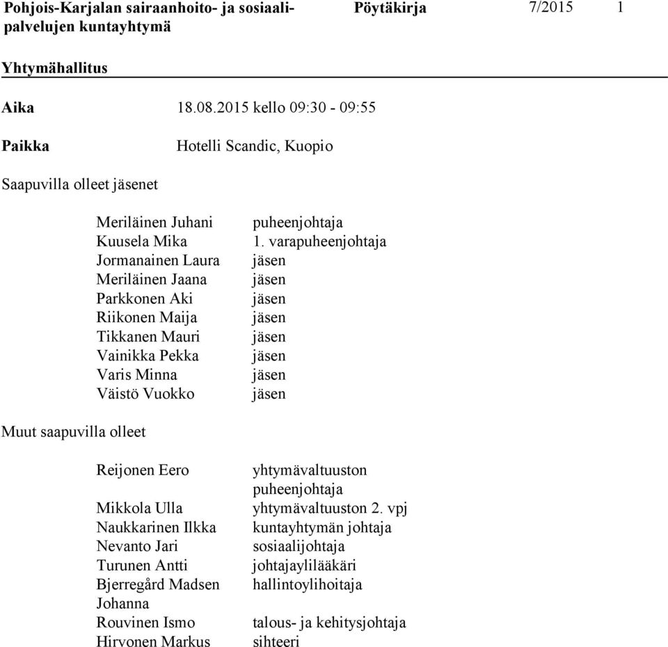Riikonen Maija Tikkanen Mauri Vainikka Pekka Varis Minna Väistö Vuokko puheenjohtaja 1.