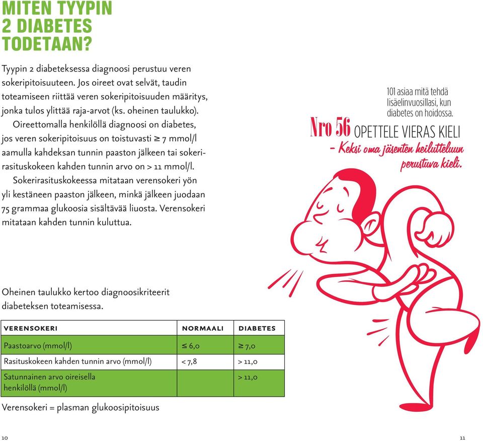 Oireettomalla henkilöllä diagnoosi on diabetes, jos veren sokeripitoisuus on toistuvasti 7 mmol/l aamulla kahdeksan tunnin paaston jälkeen tai sokerirasituskokeen kahden tunnin arvo on > 11 mmol/l.