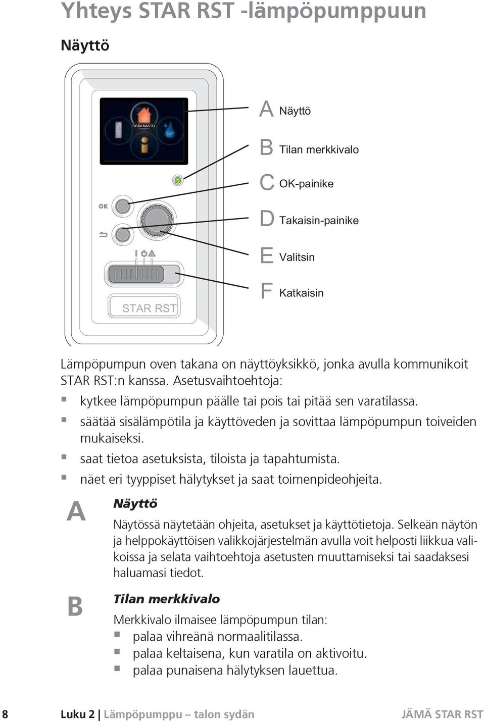 saat tietoa asetuksista, tiloista ja tapahtumista. näet eri tyyppiset hälytykset ja saat toimenpideohjeita. A B Näyttö Näytössä näytetään ohjeita, asetukset ja käyttötietoja.