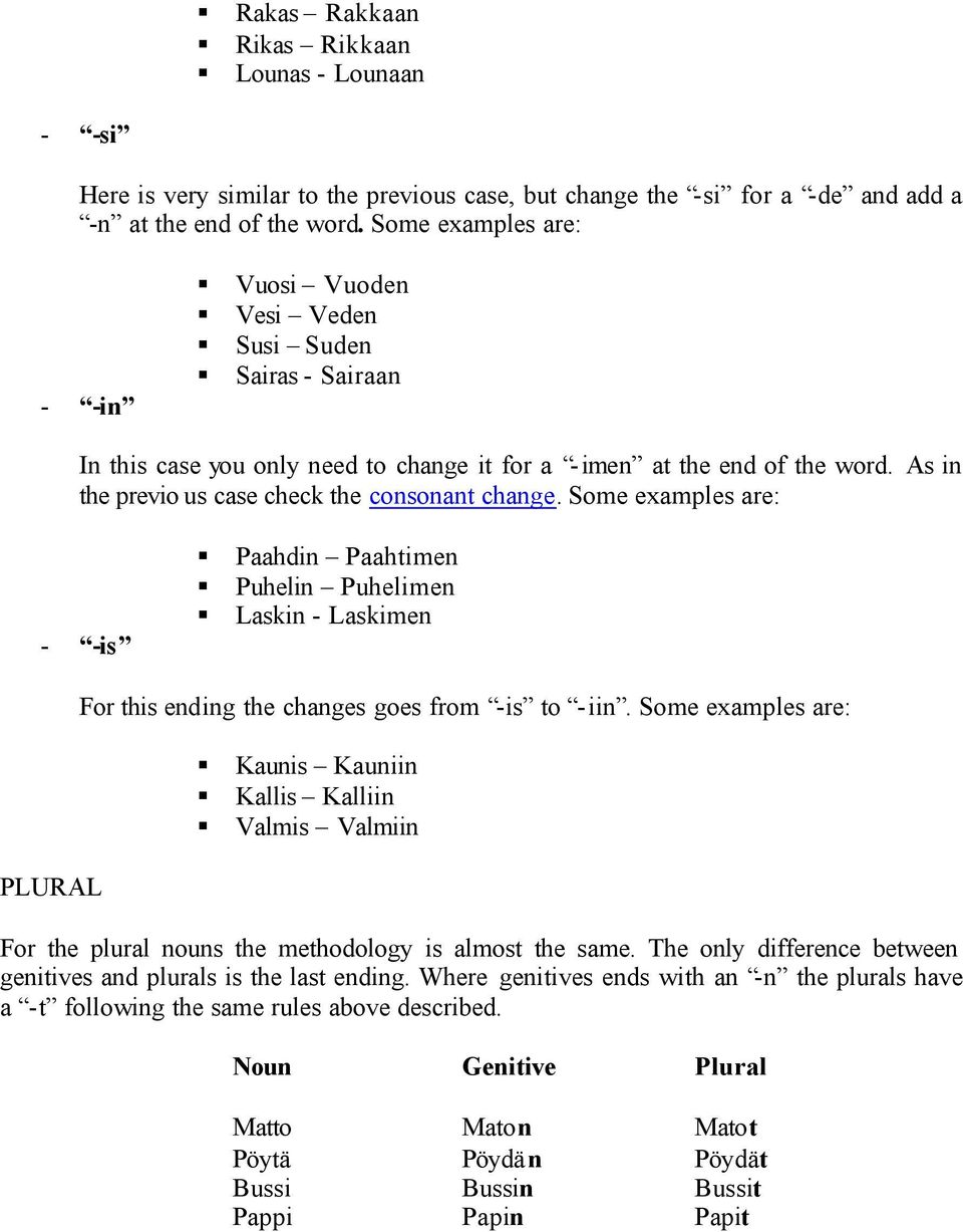As in the previo us case check the consonant change. Some examples are: - -is Paahdin Paahtimen Puhelin Puhelimen Laskin - Laskimen PLURAL For this ending the changes goes from -is to -iin.