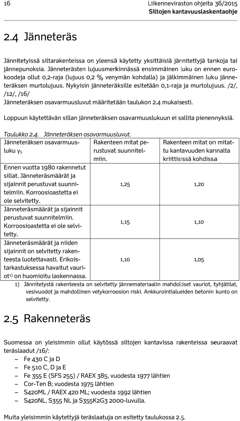 Nykyisin jänneteräksille esitetään 0,1-raja ja murtolujuus. /2/, /12/, /16/ Jänneteräksen osavarmuusluvut määritetään taulukon 2.4 mukaisesti.