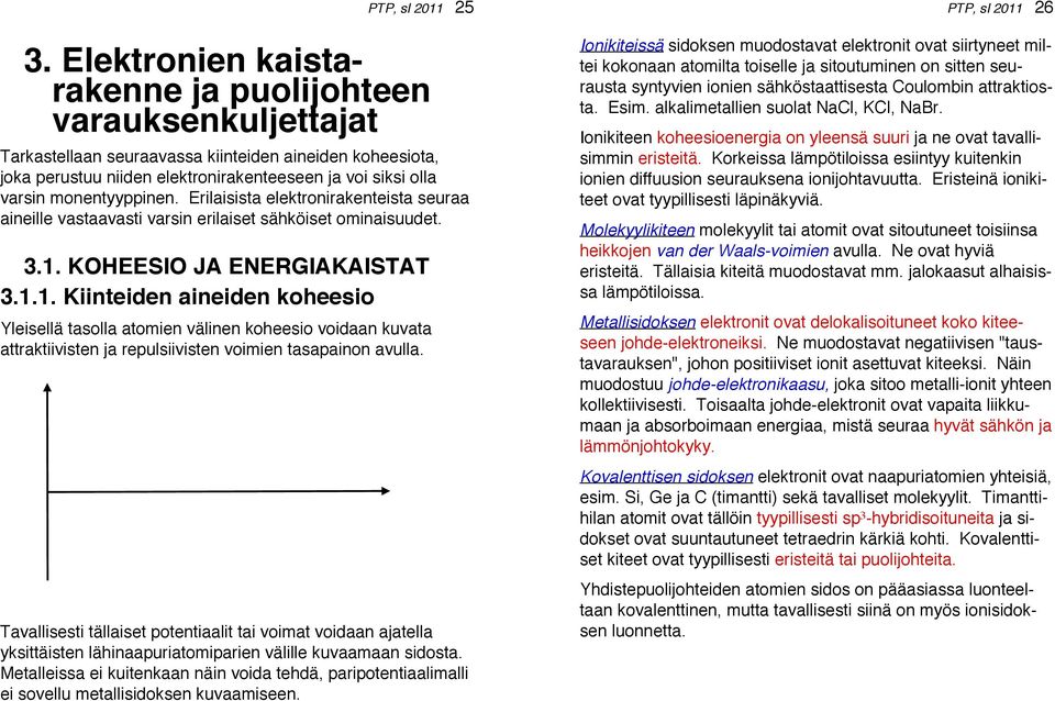 monentyyppinen. Erilaisista elektronirakenteista seuraa aineille vastaavasti varsin erilaiset sähköiset ominaisuudet. 3.1.