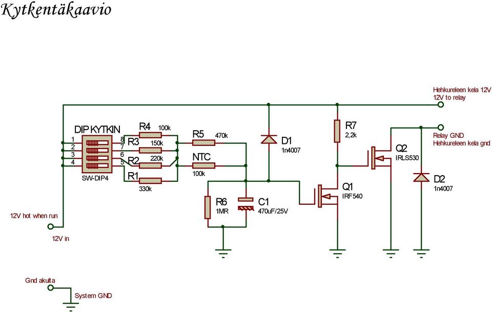 100k 470k R6 1MR C1 470uF/25V D1 1n4007 R7 2,2k Q1 IRF540 Q2 IRLS530