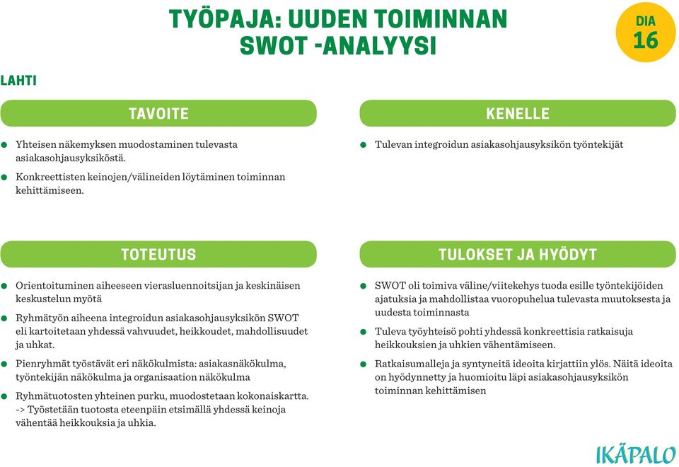 Toteutus Tulokset ja hyödyt Orientoituminen aiheeseen vierasluennoitsijan ja keskinäisen keskustelun myötä Ryhmätyön aiheena integroidun asiakasohjausyksikön SWOT eli kartoitetaan yhdessä vahvuudet,