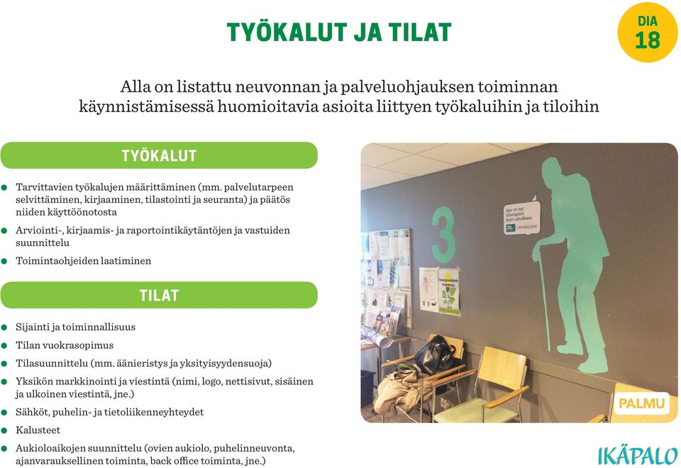 palvelutarpeen selvittäminen, kirjaaminen, tilastointi ja seuranta) ja päätös niiden käyttöönotosta Arviointi-, kirjaamis- ja raportointikäytäntöjen ja vastuiden suunnittelu Toimintaohjeiden