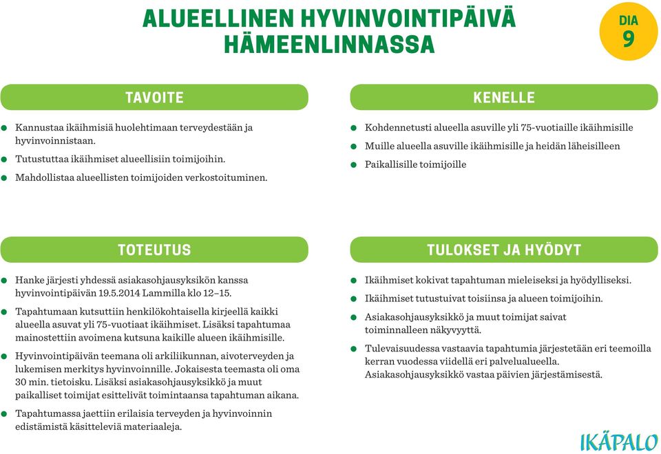 Kohdennetusti alueella asuville yli 75-vuotiaille ikäihmisille Muille alueella asuville ikäihmisille ja heidän läheisilleen Paikallisille toimijoille Toteutus Tulokset ja hyödyt Hanke järjesti