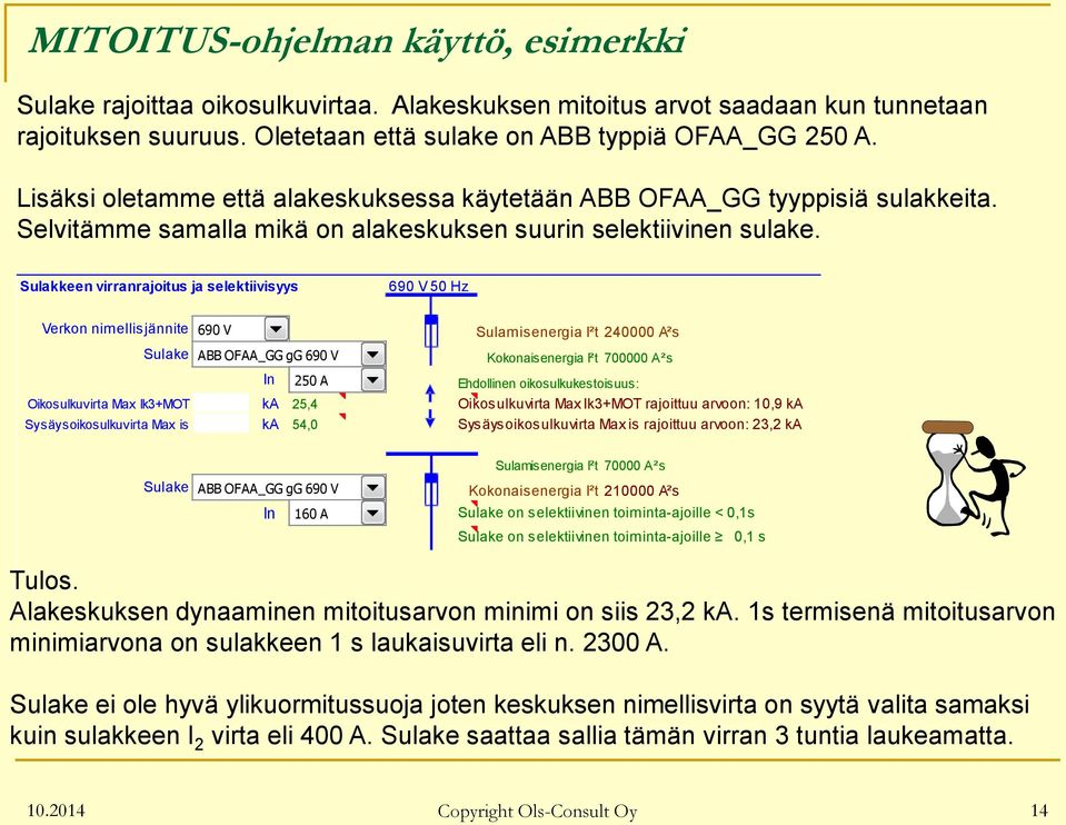 Sulakkeen virranrajoitus ja selektiivisyys 690 V 50 Hz Verkon nimellisjännite 690 V V Sulamisenergia I²t 240000 A²s Sulake ABB OFAA_GG gg gg 690 690 V V Kokonaisenergia I²t 700000 A²s In 250 A