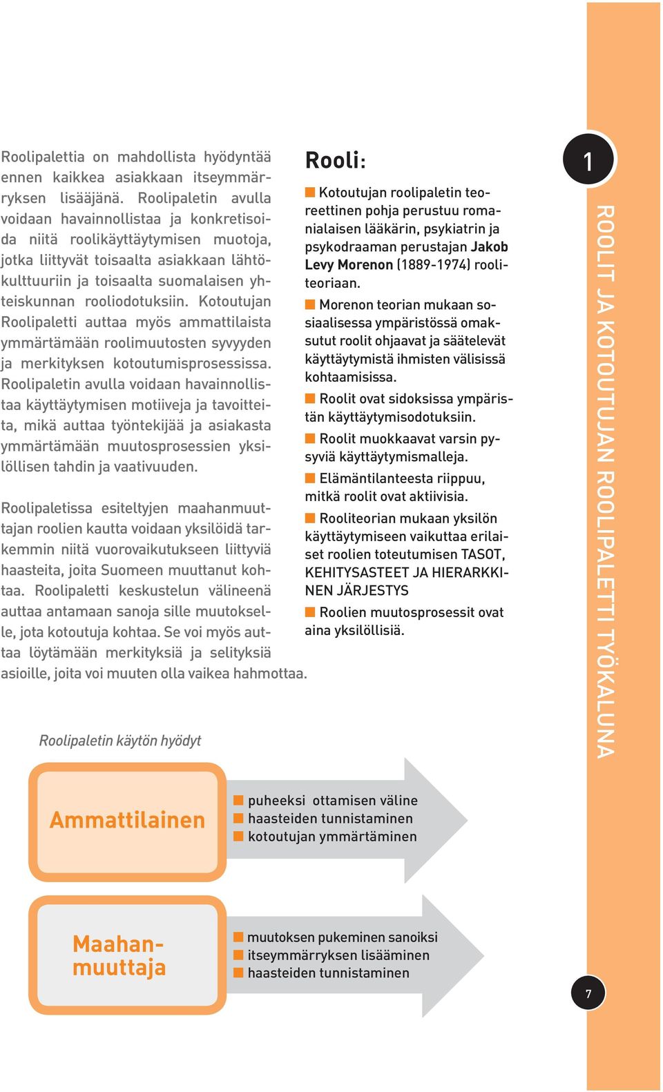 rooliodotuksiin. Kotoutujan Roolipaletti auttaa myös ammattilaista ymmärtämään roolimuutosten syvyyden ja merkityksen kotoutumisprosessissa.