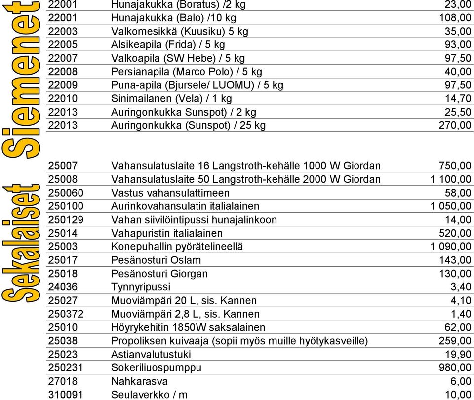 (Sunspot) / 25 kg 270,00 25007 Vahansulatuslaite 16 Langstroth-kehälle 1000 W Giordan 750,00 25008 Vahansulatuslaite 50 Langstroth-kehälle 2000 W Giordan 1 100,00 250060 Vastus vahansulattimeen 58,00