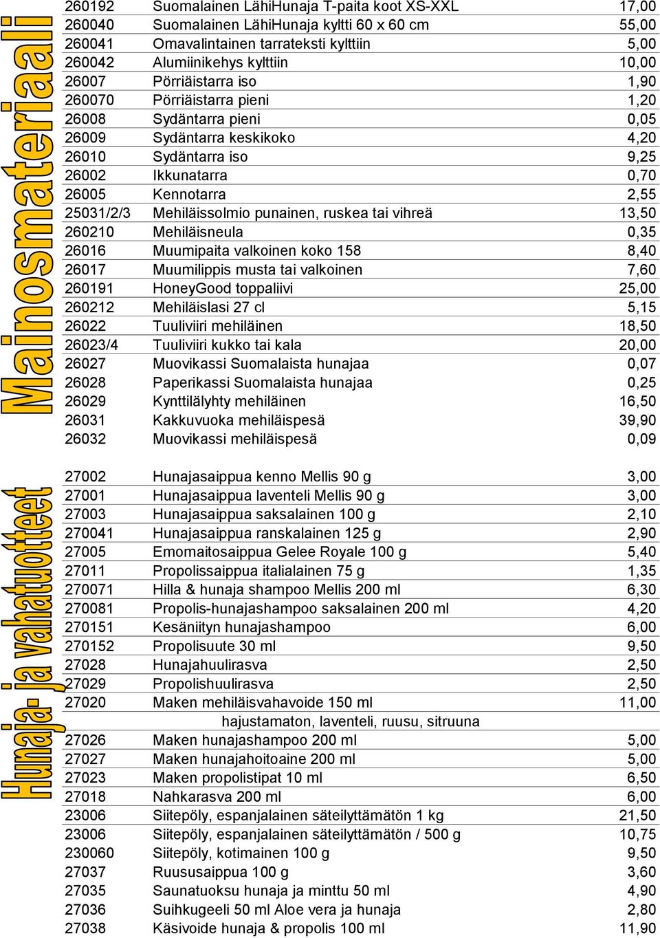 Mehiläissolmio punainen, ruskea tai vihreä 13,50 260210 Mehiläisneula 0,35 26016 Muumipaita valkoinen koko 158 8,40 26017 Muumilippis musta tai valkoinen 7,60 260191 HoneyGood toppaliivi 25,00 260212
