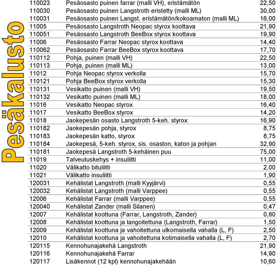 koottava 14,40 110062 Pesäosasto Farrar BeeBox styrox koottava 17,70 110112 Pohja, puinen (malli VH) 22,50 110113 Pohja, puinen (malli ML) 13,00 11012 Pohja Neopac styrox verkolla 15,70 110121 Pohja