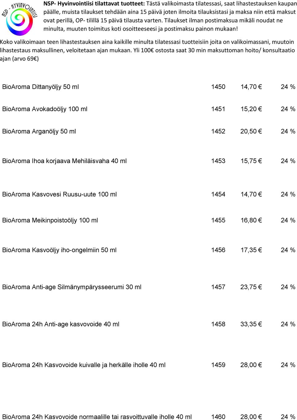 Kasvoöljy iho-ongelmiin 50 ml 1456 17,35 24 % BioAroma Anti-age Silmänympärysseerumi 30 ml 1457 23,75 24 % BioAroma 24h Anti-age kasvovoide 40 ml 1458