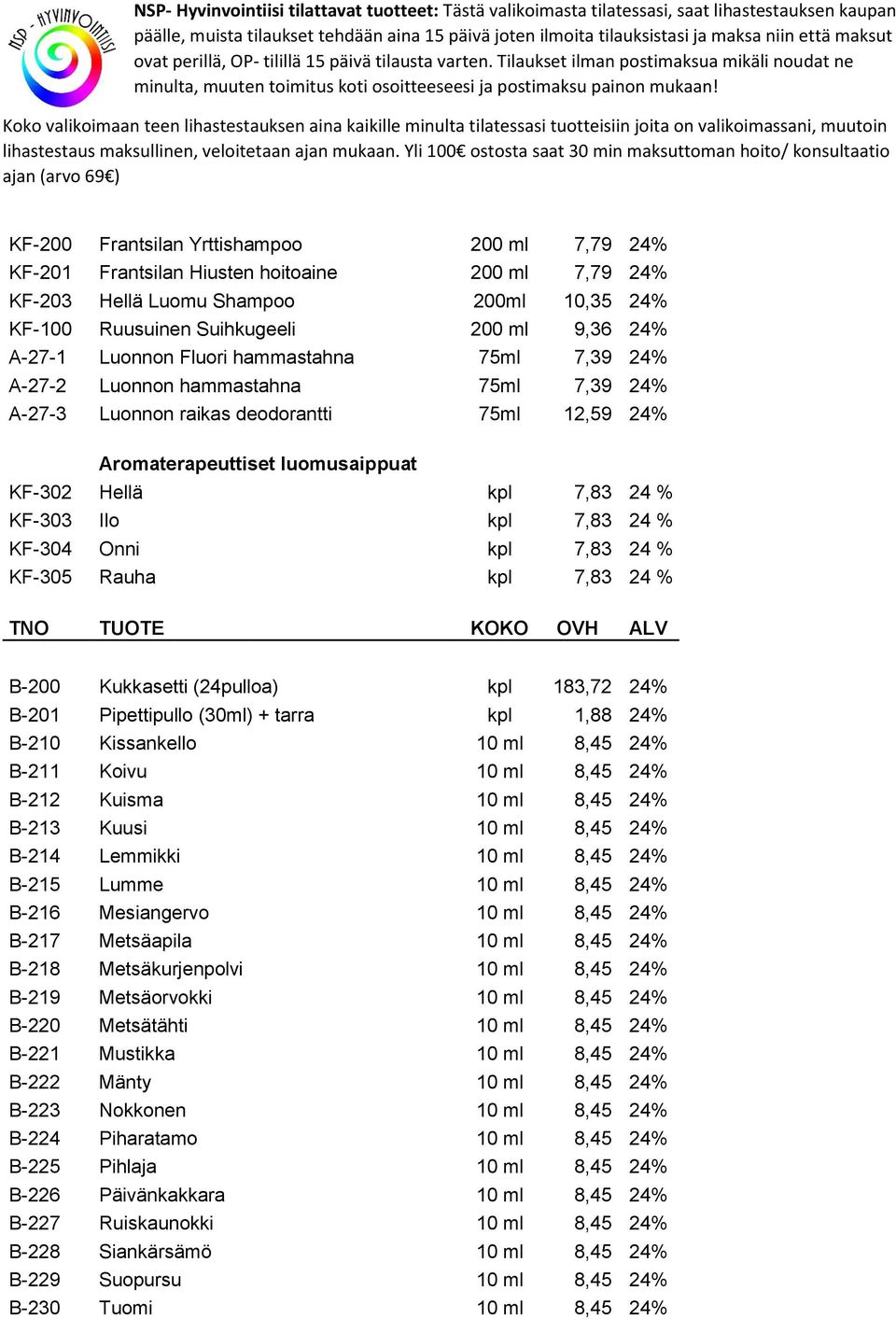 Ilo kpl 7,83 24 % KF-304 Onni kpl 7,83 24 % KF-305 Rauha kpl 7,83 24 % TNO TUOTE KOKO OVH ALV B-200 Kukkasetti (24pulloa) kpl 183,72 24% B-201 Pipettipullo (30ml) + tarra kpl 1,88 24% B-210