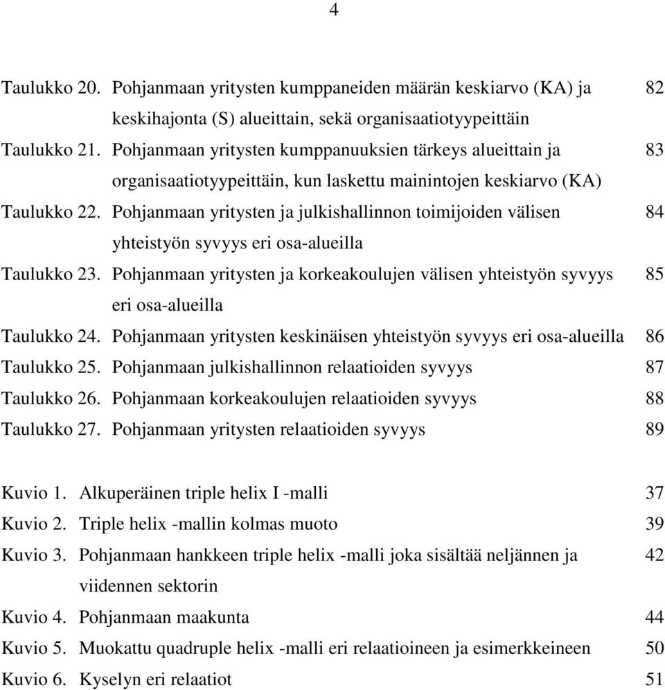 Pohjanmaan yritysten ja julkishallinnon toimijoiden välisen 84 yhteistyön syvyys eri osa-alueilla Taulukko 23.