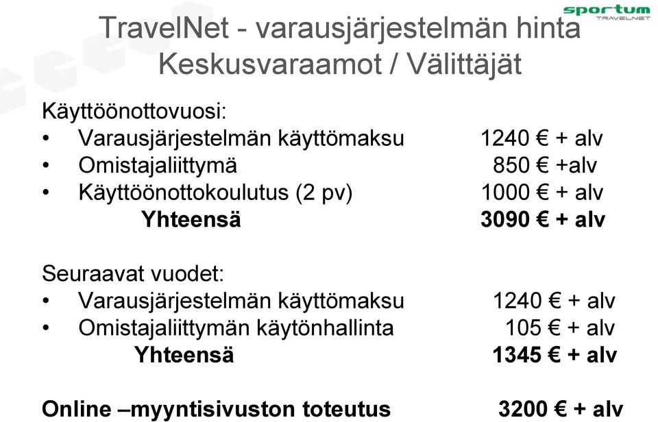 pv) 1000 + alv Yhteensä 3090 + alv Seuraavat vuodet: Varausjärjestelmän käyttömaksu 1240 +