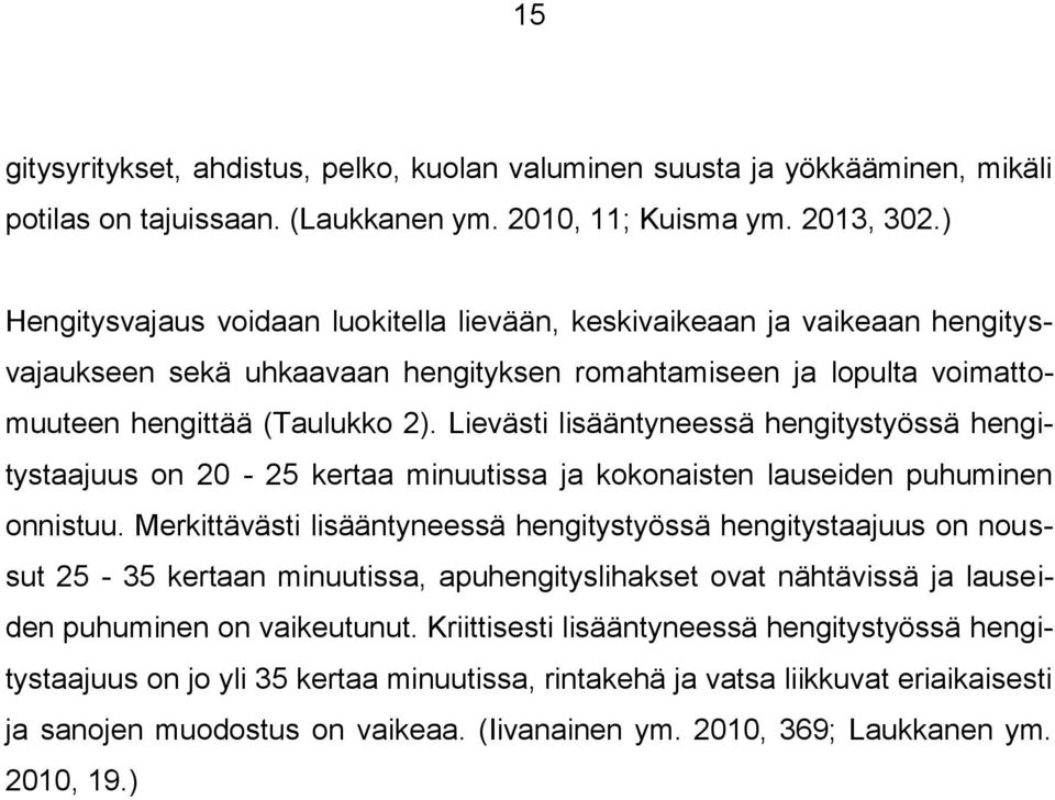 Lievästi lisääntyneessä hengitystyössä hengitystaajuus on 20-25 kertaa minuutissa ja kokonaisten lauseiden puhuminen onnistuu.