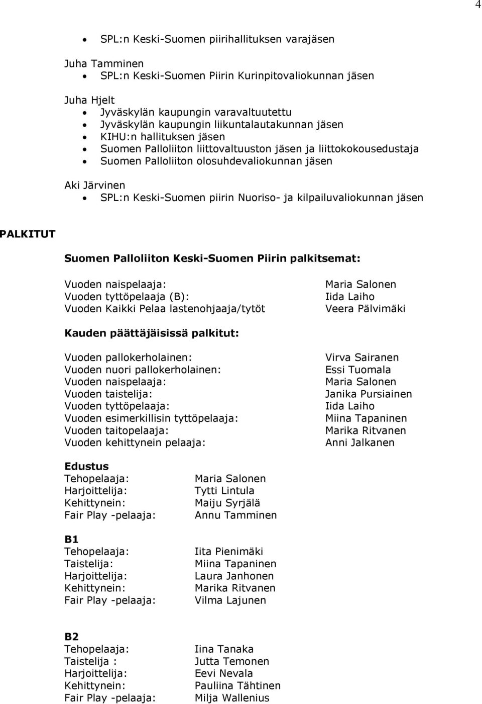 piirin Nuoriso- ja kilpailuvaliokunnan jäsen PALKITUT Suomen Palloliiton Keski-Suomen Piirin palkitsemat: Vuoden naispelaaja: Vuoden tyttöpelaaja (B): Vuoden Kaikki Pelaa lastenohjaaja/tytöt Maria