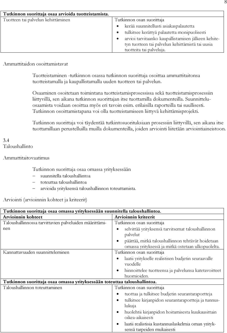 kehittämistä tai uusia tuotteita tai palveluja. Ammattitaidon osoittamistavat 3.