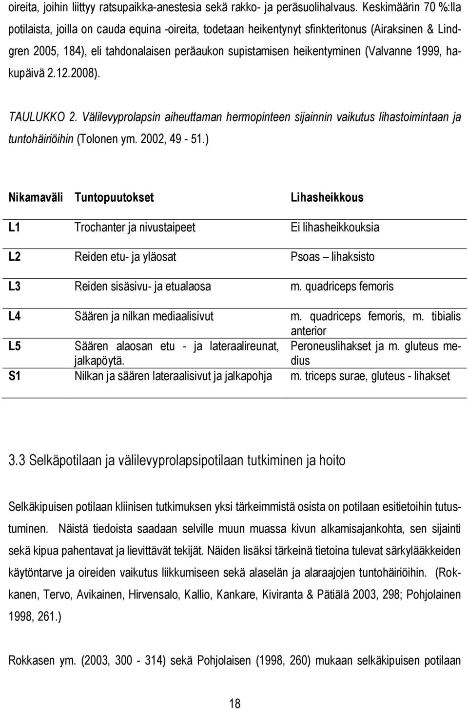 (Valvanne 1999, hakupäivä 2.12.2008). TAULUKKO 2. Välilevyprolapsin aiheuttaman hermopinteen sijainnin vaikutus lihastoimintaan ja tuntohäiriöihin (Tolonen ym. 2002, 49-51.