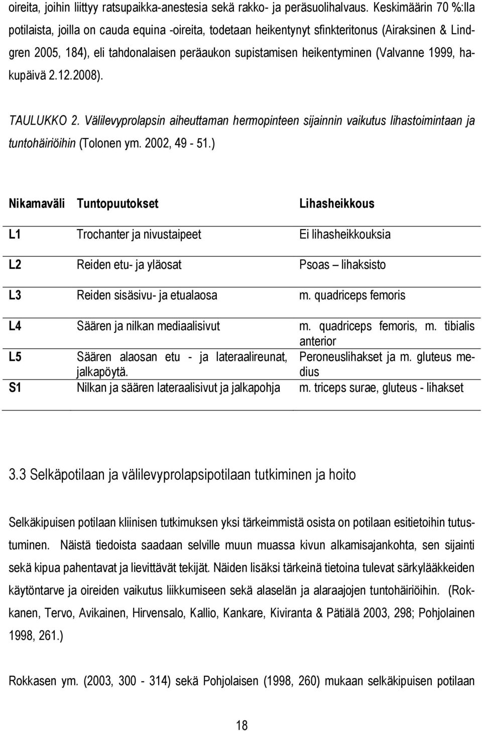 (Valvanne 1999, hakupäivä 2.12.2008). TAULUKKO 2. Välilevyprolapsin aiheuttaman hermopinteen sijainnin vaikutus lihastoimintaan ja tuntohäiriöihin (Tolonen ym. 2002, 49-51.