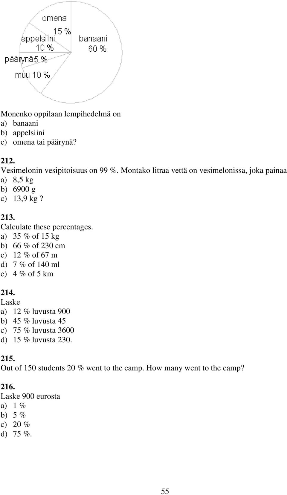 a) 35 % of 15 kg b) 66 % of 230 cm c) 12 % of 67 m d) 7 % of 140 ml e) 4 % of 5 km 214.